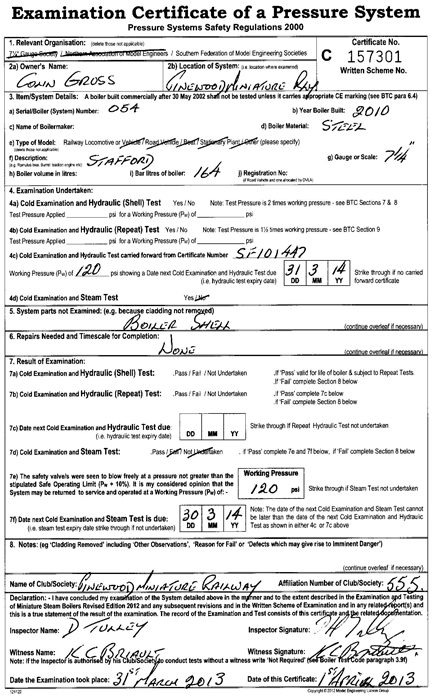 The 2013 Written Scheme Boiler Test Certificate