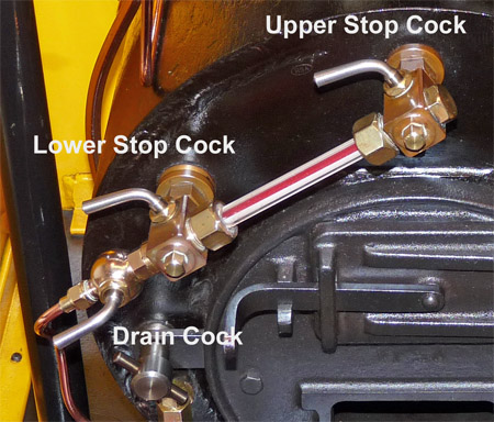 Sight glass gauge cocks on a Station Road Steam Stafford class model steam loco